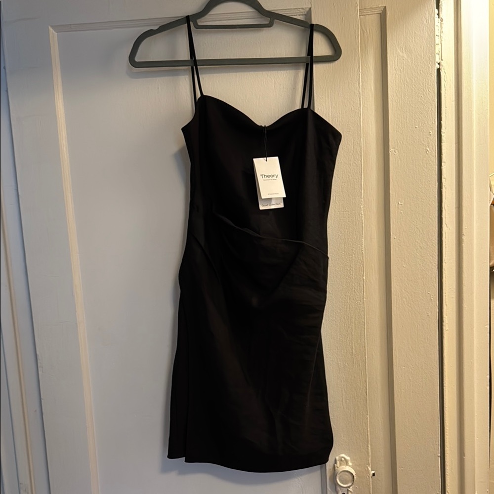 Theory Black Linen Mini Dress Spaghetti Strap, New